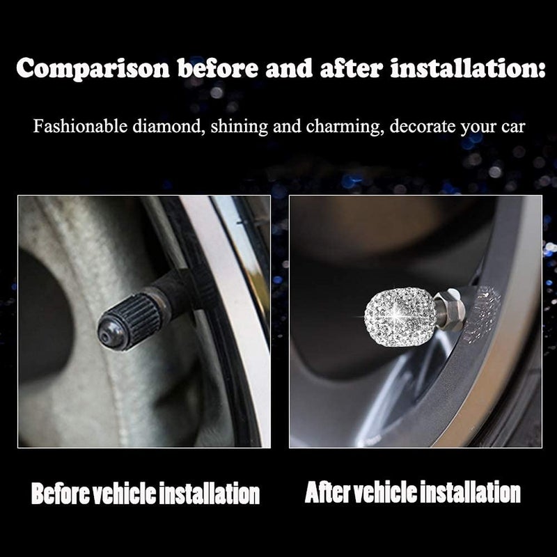 SUMAJU 4 Pack Bling Valve Stem Caps, Sparkling White Handmade Crystal Rhinestone Car Tire Valve Caps Bling Car Stem Covers Xmas Decor Chrome Attractive Dustproof - Image 5